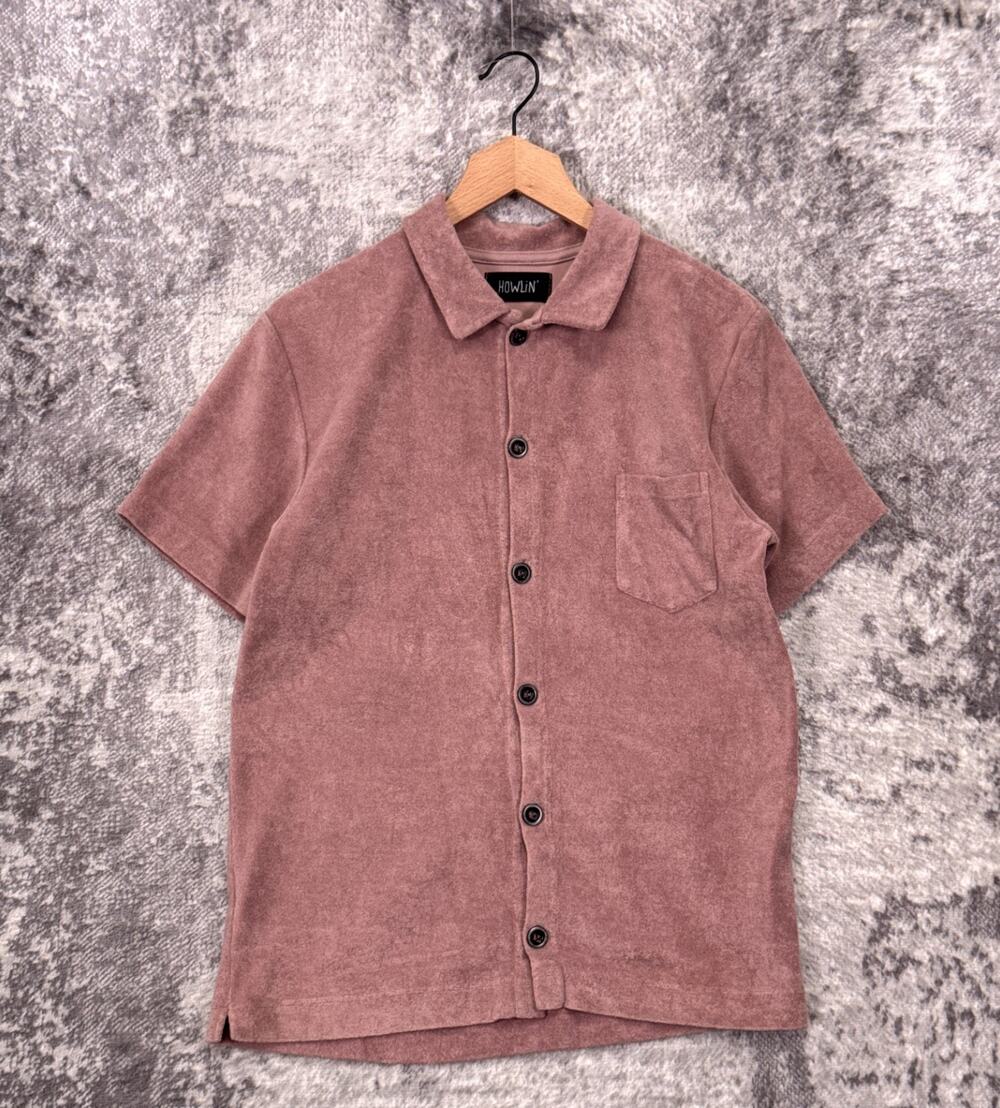 Howlin Shirt Small Mens Dusty Pink Terry Towel Cloth Button Down Short Sleeve